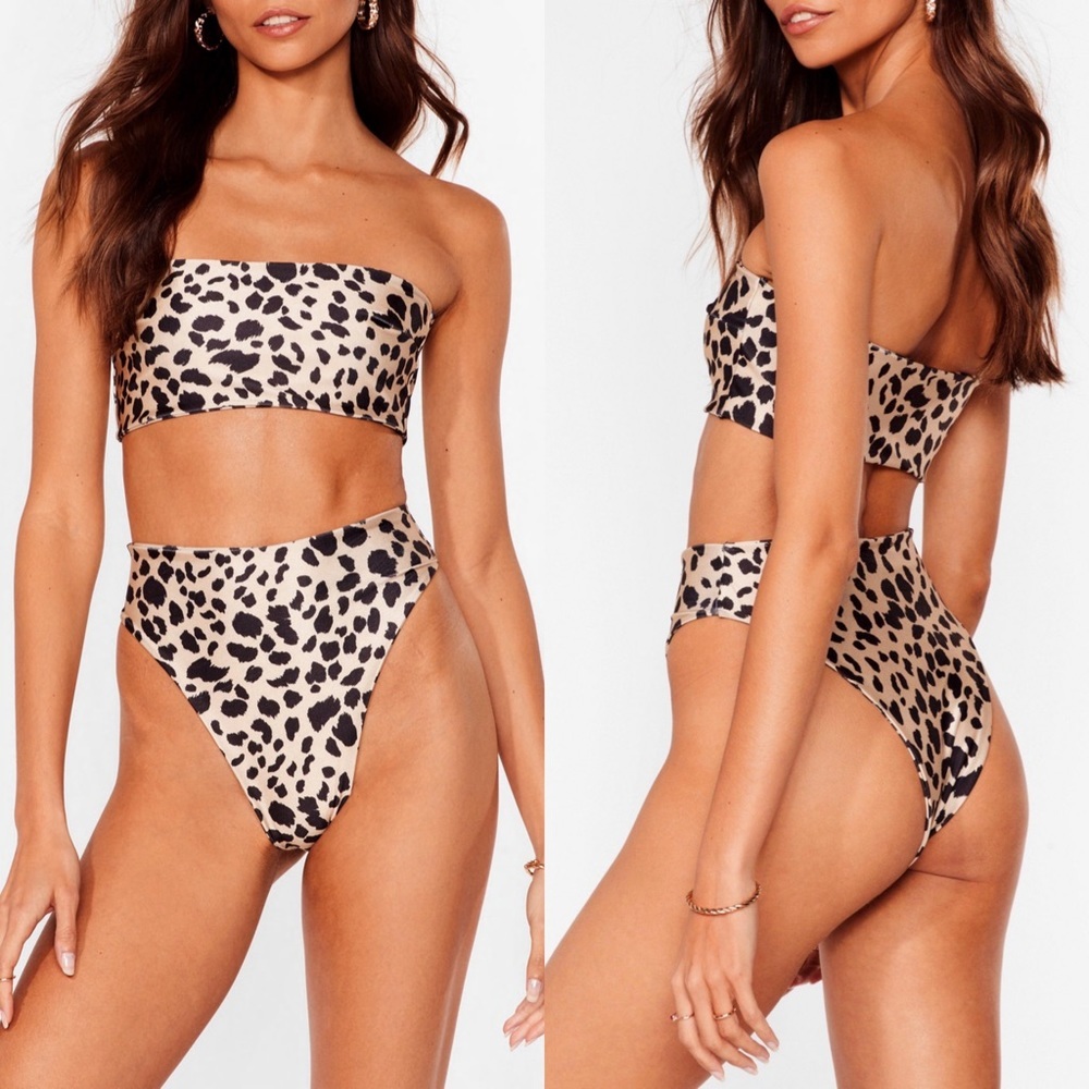 Nasty Gal Stop Kitten Around Leopard Bandeau Bikini 6 S